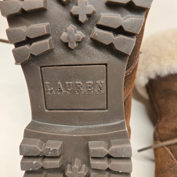 Lauren Ralph Lauren ZABBY Brown Suede Shearling Lace-Up Lug Sole Boots, Sz 8 - Picture 13 of 14